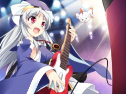  :d bird female game_cg guitar hat instrument long_hair lovekami open_mouth perspective red_eyes smile solo tsukuyomi_usagi white_hair yashima_takahiro 