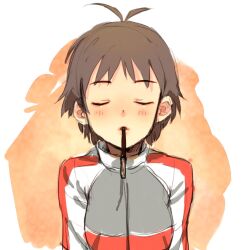  antenna_hair blush brown_hair closed_eyes commentary_request facing_viewer female food idolmaster idolmaster_(classic) incoming_pocky_kiss kikuchi_makoto long_sleeves mouth_hold pocky s.o_chin short_hair solo track_suit upper_body 