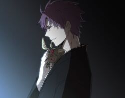  1boy afjc alternate_hair_color alternate_universe bad_id bad_pixiv_id bug crest_worm fate/zero fate_(series) grey_background japanese_clothes male_focus matou_kariya photoshop_(medium) profile purple_eyes purple_hair solo 