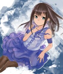  aqua_eyes bare_shoulders brown_hair commentary_request dress earrings female fishnet_pantyhose fishnets flower_earrings hand_on_own_chest idolmaster idolmaster_cinderella_girls jewelry long_hair nerotarou never_say_never_(idolmaster) pantyhose plaid shibuya_rin smile solo 