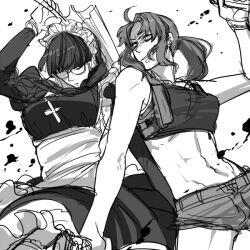  2girls abs black_lagoon commentary_request crop_top cross dual_wielding garter_belt glass greyscale gun handgun holding maid maid_headdress midriff monochrome multiple_girls nanigashi_(xla009) ponytail revy_(black_lagoon) roberta_(black_lagoon) short_shorts shorts thighhighs umbrella weapon 