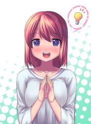  blue_eyes blush female hands_together lightbulb looking_at_viewer open_mouth original red_hair saiste short_hair smile solo 