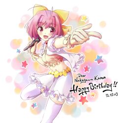  :d ahoge birthday blush bow character_name choker commentary_request crop_top dated english_text female frilled_shirt frilled_skirt frills gloves hairbow happy_birthday highres kami_nomi_zo_shiru_sekai microphone midriff miniskirt music nakagawa_kanon navel nijihashi_sora open_mouth photoshop_(medium) pink_eyes pink_hair pointing shirt short_hair singing skindentation skirt smile solo standing standing_on_one_leg star_(symbol) thighhighs white_thighhighs zettai_ryouiki 