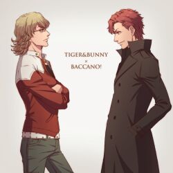  2boys baccano! barnaby_brooks_jr. belt blonde_hair claire_stanfield coat commentary_request copyright_name crossed_arms crossover eye_contact glasses green_eyes jacket looking_at_another lunarclinic morita_masakazu multiple_boys red_eyes red_hair red_jacket short_hair tiger_&amp;_bunny trench_coat voice_actor_connection 