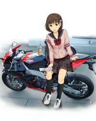  aprilia backpack bag bow brown_hair car cellphone cellphone_charm charm_(object) commentary_request cup disposable_cup drinking_straw engine female hair_ornament highres loafers motor_vehicle motorcycle munakata_(hisahige) phone photoshop_(medium) school_uniform shoes vehicle_focus watch 