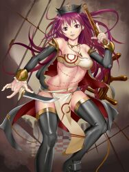  bad_id bad_pixiv_id bandeau bare_shoulders black_thighhighs breasts cleavage detached_sleeves female gun handgun hat knife long_hair medium_breasts navel original pirate purple_eyes purple_hair scar shijima_(tanfn) shirt smile solo stitches taut_clothes taut_shirt thighhighs underboob weapon 