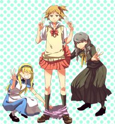  &gt;_&lt; 3boys :d alice_(alice_in_wonderland) alice_(alice_in_wonderland)_(cosplay) alice_in_wonderland bad_id bad_pixiv_id blonde_hair boxers braid brown_eyes brown_hair closed_eyes clothes_lift clothes_pull cosplay grey_eyes grey_hair hanamura_yousuke ishiwari kuma_(persona_4) long_hair looking_at_viewer male_underwear male_underwear_pull multiple_boys narukami_yuu open_mouth otoko_no_ko pants pants_pull persona persona_4 school_uniform serafuku serious skirt skirt_lift smile spiked_hair twintails underwear v wig xd 