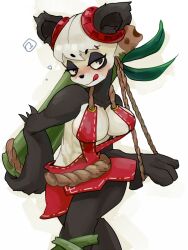  animal_ears black_eyes black_fur blush body_fur breasts cleavage commentary_request cowboy_shot female furry furry_female kaco large_breasts looking_at_viewer panda_ears panda_girl pandawa smile solo two-tone_fur wakfu white_fur white_hair 