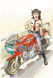  belt boots commentary_request denim engine exhaust female glasses gloves helmet isomoto_tsuyoshi jeans motor_vehicle motorcycle necktie pants tokyo_okutama_no_hikari 