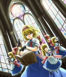  alice_margatroid apron arms_up black_gloves blonde_hair blue_dress blue_eyes book bow capelet clearfile commentary_request dress female fingerless_gloves floating gears gloves grimoire grimoire_of_alice hairband hairbow jewelry lance long_hair looking_at_viewer polearm ring sash shanghai_doll short_hair solo stained_glass touhou weapon 