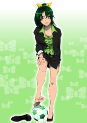  aged_up ball bare_legs barefoot bow commentary_request feet female formal gorou_(pixiv3249935) gradient_background green_background green_eyes green_hair green_shirt hair_ribbon hand_on_thigh highres jacket leg_lift looking_at_viewer midorikawa_nao office_lady pencil_skirt ponytail precure ribbon shirt shoes side_slit single_shoe skirt skirt_suit smile_precure soccer soccer_ball solo standing suit telstar yellow_ribbon 