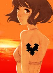  asahi_(sakanasakana) bad_id bad_pixiv_id bikini bikini_top_only brown_eyes brown_hair female heart highres jigsaw_puzzle looking_back ocean original puzzle puzzle_piece short_hair solo sunset swimsuit tears 