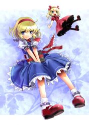  alice_margatroid blonde_hair blue_dress blue_eyes blush bobby_socks book bow capelet commentary_request doll dress female full_body grimoire grimoire_of_alice hair_ribbon hairband katahira_masashi looking_at_viewer mary_janes open_mouth red_dress red_footwear ribbon sash shanghai_doll shoes short_hair smile socks solo touhou v_arms wings 