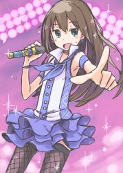  brown_hair commentary_request dress earrings female fishnet_thighhighs fishnets flower_earrings frills green_eyes highres idolmaster idolmaster_cinderella_girls jewelry long_hair microphone never_say_never_(idolmaster) plaid pointing shibuya_rin solo thighhighs ueshita 