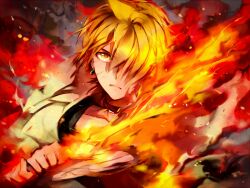  1boy ali_baba_saluja bad_id bad_pixiv_id blonde_hair earrings fire flaming_sword flaming_weapon hair_over_one_eye holding jewelry magi_the_labyrinth_of_magic male_focus matsunaka_hiro solo sword weapon yellow_eyes 