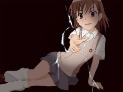  brown_eyes brown_hair character_request female female kneehighs school_uniform schoolgirl short_hair sitting skirt socks solo to_aru_kagaku_no_railgun to_aru_majutsu_no_index uniform weapon 