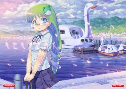  alternate_costume bespectacled blue_eyes blush boat cloud commentary_request female glasses green_hair holding kochiya_sanae long_hair mountain multiple_tails nukaji_(kuromahou_kenkyuujo) photoshop_(medium) school_uniform skirt sky solo swan_boat tail touhou translated water watercraft wind 