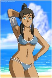  1girls aqua_eyes armpit armpits avatar_legends bikini blue_bikini brown-skinned_female brown_hair brown_skin cartoongirls dark-skinned_female dark_skin female korra long_hair solo straight_hair swimsuit the_avatar the_legend_of_korra tied_hair water_tribe 