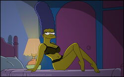  1girls 20th_century_fox 20th_century_studios bed belly_button black_bra black_panties blue_hair bra cartoongirls crossed_legs half-closed_eyes leg_cross marge_simpson milf navel panties the_simpsons thick_thighs underwear yellow_skin 