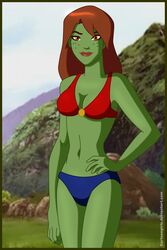  1girls bikini cartoongirls dc_comics green_skin green_skinned_female mismatched_bikini miss_martian swimsuit young_justice 