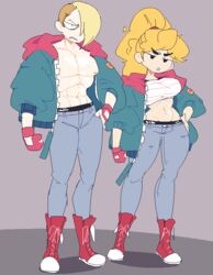  1boy 1girls 2024 abstract_background blonde_hair boob_tube color colored crop_top ed_(street_fighter) female gloves gountro jacket jeans large_breasts maki_genryusai muscular_male ponytail street_fighter toned_female toned_stomach wrapped_breasts 