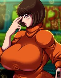  1girls alternate_breast_size big_breasts blush breasts brown_eyes brown_hair busty curvaceous curvy curvy_body curvy_female curvy_figure female female_focus female_only glasses huge_breasts large_breasts lips looking_at_viewer osmar-shotgun scooby-doo short_hair solo solo_female sweater velma_dinkley venus_body voluptuous 