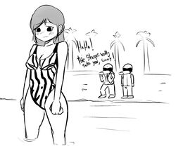  1boy 2girls alex_davis ash_davis beach blushed breasts corey_(hotline_miami_2) dialogue embarrassed erection female hotline_miami_(game) hotline_miami_2 long_hair male palm_tree sand swimsuit text unknown_artist zebra_print 