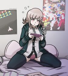  1girls angry bedroom bedsheets blonde_hair blush body_pillow danganronpa danganronpa_2:_goodbye_despair exposed_panties gamer_girl gaming hoodie jacket kneeling legs_apart mosbles nanami_chiaki no_pants onomatopoeia panties pantyshot pillow pink_eyes pink_panties polka_dot polka_dot_panties poster psp puffy_face skirt_removed stockings straight_hair thighhighs unmade_bed wholesome 