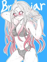  ahoge alternate_costume alternate_hair_length_(longer) bare_arms bare_shoulders bikini black_bikini blue_background blush breasts briar_(league) character_name cleavage colored_sclera commentary cowboy_shot female grey_eyes grey_hair highres izoo1200 league_of_legends long_hair multicolored_hair navel outline pointy_ears red_hair red_sclera simple_background solo stomach sweat swimsuit two-tone_hair wet white_outline 