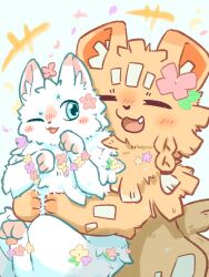  2026 3:4 ambiguous_feral ambiguous_gender blue_eyes braided_fur brown_body brown_fur canid canine cel_shading cheek_tuft chugou_(fabulous_beasts) digital_drawing_(artwork) digital_media_(artwork) domestic_cat duo fabulous_beasts facial_markings facial_tuft felid feline felis feral flower_garland flower_on_head forehead_markings fur fur_tuft happy head_markings head_tuft hi_res hug hugging_another hugging_from_behind inner_ear_fluff japanese_description looking_at_another looking_at_partner male_(lore) mammal markings married_couple monotone_body monotone_fur mysidia_rabbit_(artist) mythological_creature mythology neck_tuft nonbinary_(lore) one_eye_closed open_mouth open_smile paws quadruped shaded shanque_(fabulous_beasts) side_view simple_background smile straw_dog tuft white_background white_body white_fur 
