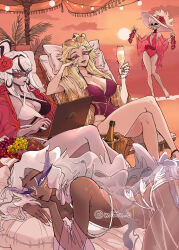  angel angel_wings beach bikini black_eyes black_hair blonde_hair breasts carmilla_carmine_(hazbin_hotel) cloud cloudy_sky colored_sclera colored_skin commentary_request dark-skinned_female dark_skin day demon_girl demon_horns dusk earrings evening eyewear_on_head feathered_eyelashes glowing glowing_halo gradient_sky grey_hair grey_sclera halo hat hazbin_hotel hellaverse highres hoop_earrings horizon horns hot jewelry large_breasts lilith_(hazbin_hotel) long_eyelashes long_hair looking_at_another looking_at_viewer multicolored_hair multiple_girls nurui_(namanu_ru) ocean orange_sky outdoors red_eyes red_sclera rosie_(hazbin_hotel) scenery sera_(hazbin_hotel) seraph_wings sharp_teeth short_hair sky smile solid_eye streaked_hair summer sun sun_hat sunglasses sunlight sunset swimsuit teeth tinted_eyewear too_many_wings tree twilight very_long_hair water white_eyes white_hair wings yellow_eyes yellow_sky 