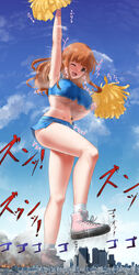  anime_style attack blue_shirt blue_skirt breasts brown_eyes cheerleader city cityscape clouds crush destruction flames giantess girls_und_panzer macrophilia midriff one_eye_closed open_mouth orange_hair pixiv rakia_(ds00309) shoes smile smoke stomping takebe_saori underboob wink yellow_pom_poms 