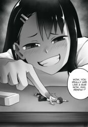  anime_style black_and_white black_eyes black_hair blush comic female finger giantess greyscale hayase_nagatoro laughing macrophilia male naoto_hachioji_(senpai) open_mouth pixiv please_don&#039;t_bully_me,_nagatoro school shrinking speech_bubble table tapping teeth thunderafterdark white_shirt 