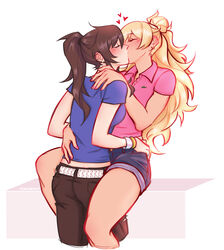  2girls aurawra21 black_hair blonde_hair blush blushing_female class_of_&#039;09 closed_eyes couple couple_(romantic) earrings ears_pierced female female/female female_only hand_on_hip hand_on_shoulder hand_on_waist hearts holding_close jecka_(class_of_&#039;09) kissing lesbian_couple nicole_(class_of_&#039;09) pink_fingernail_polish pink_fingernails red_hearts romantic romantic_couple wholesome yuri 