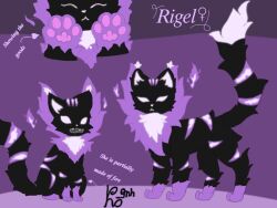  4:3 biting_object black_body black_fur closed_eyes colored_fire elemental_creature empty_eyes felid feline female feral fire fire_creature flat_colors fur kori_maho mammal model_sheet pawpads pink_pawpads purple_fire purple_paws purple_stripes rigel_(kori) simple_background solo stripes white_fire 