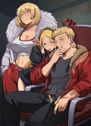  2026 5_fingers alternate_form animate_inanimate arm_tattoo arms_bent athletic athletic_female belt biped black_bottomwear black_clothing black_dress black_pants blonde_hair blush blush_lines bottomwear cel_shading chains chair clawed_gauntlets clothed clothing coat collarbone colored crop_top delicious_in_dungeon digital_drawing_(artwork) digital_media_(artwork) dragon_tattoo dress ear_chain ear_piercing elf eyestalks falin_touden female fingernails fingers furniture gesture green_eyes grey_clothing grey_shirt grey_topwear grey_wall group gun hair hand_gesture hand_on_face handgun headgear headwear hi_res holding_another holding_object holding_weapon human humanoid inside laios_touden leaning leaning_forward leaning_on_another lips looking_at_viewer male mammal marcille_donato nails not_furry open_clothing open_coat open_mouth open_topwear panties pants panty_peek piercing pointy_ears portrait pose ranged_weapon red_bottomwear red_clothing red_coat red_panties red_pants red_sweatpants red_topwear red_underwear shaded shirt sitting soft_abs standing sweatpants tatjasng12 tattoo three-quarter_portrait topwear trio_focus underwear weapon white_clothing white_coat white_crop_top white_topwear wide_hips wings yellow_eyes 