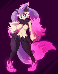  absurd_res anthro black_body black_fur breasts cheek_tuft dima_(artist) eyelashes facial_tuft featureless_breasts felid feline female fur hi_res majex_(pal) mammal multicolored_body multicolored_fur navel pal_(species) palmorph palworld pocketpair purple_ears red_eyes solo tan_body tan_fur tuft 