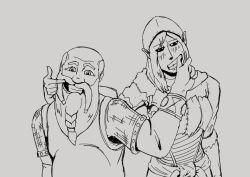  armor backpack bald bardin_gorreksson beard black_sclera blush blush_lines chainmail duo dwarf elf facial_hair female finger_in_mouth hair happy hi_res hood human humanoid kerillian long_hair male male/female mammal monochrome not_furry pointy_ears shock_trooper_(artist) simple_background smile smiling_at_viewer vermintide warhammer_(franchise) warhammer_fantasy 
