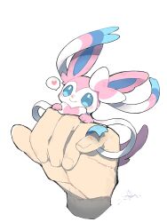  2026 3:4 ambiguous_gender big_eyes blue_body blue_eyes blue_fur blue_inner_ear blush bow_(anatomy) chibi daww digital_drawing_(artwork) digital_media_(artwork) disembodied_hand eeveelution feral fur generation_6_pokemon glistening glistening_eyes gloves_(marking) heart_symbol hi_res human kokokokokodari mammal markings micro_ambiguous micro_feral multicolored_body multicolored_fur nintendo offscreen_character offscreen_human pink_body pink_fur pokemon pokemon_(species) ribbons_(anatomy) simple_background size_difference smile solo sylveon tail white_background white_body white_fur 