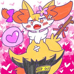  1:1 2026 accessory annyui0611 anthro bandage_on_belly biped blush blush_stickers bow_ribbon braixen canid cute_fangs digital_drawing_(artwork) digital_media_(artwork) dipstick_tail fangs featureless_crotch female female_anthro flat_chested flower flower_in_hair front_view generation_6_pokemon hair hair_accessory hair_ribbon hairbow hands_behind_back heart_eyes heart_symbol hi_res japanese_description looking_at_viewer looking_down looking_down_at_viewer low-angle_view mammal markings nintendo object_in_tail open_mouth open_smile pictographics plant pokemon pokemon_(species) portrait pregnant pregnant_anthro pregnant_female ribbons simple_background smile snout solo speech_bubble standing stick stick_in_tail tail tail_markings teeth three-quarter_portrait translated_description 