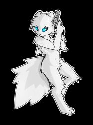  ambiguous_gender anthro arigel big_tail blue_eyes casualties:_unknown dorsal_fin fin full-length_portrait fur gun gunsaw gunsawian handgun hi_res huge_tail milky_(casualties:_unknown) milky_(gunsawian) portrait ranged_weapon revolver solo standing tail weapon white_body white_fur 