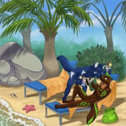  1:1 4_toes 5_fingers anthro beach black_nose blue_body blue_eyes blue_fur blue_tail book brown_body brown_fur canid canine claws colored container day detailed_background digital_drawing_(artwork) digital_media_(artwork) duo eye_contact featureless_crotch feet fingers fur green_eyes green_markings hi_res holding_object looking_at_another male male/male mammal markings multicolored_body nose_to_nose nude o-ruff open_book outside palm_tree plant rock sand sea seashell seaside shaded shell sky tail toes tree tuft water 