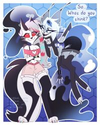  alternate_costume anthro canid canid_demon canine canis cleavage_cutout clothing_swap cutout demon duo female female/female hellaverse hellhound helluva_boss hi_res kat._.arts loona_(helluva_boss) mammal mythological_canine mythological_creature mythology queen_bee-lzebub_(helluva_boss) red_eyes simple_background 
