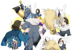  anthro bandai_namco black_body black_fur black_hair cougarmon digimon digimon_(species) digimon_beatbreak duo felid fur greatsword hair hi_res human japanese_text kyo_sawashiro male mammal melee_weapon murasamemon muscular muscular_anthro muscular_male pantherine sword tbtb0921 text weapon white_hair 