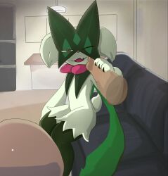  2026 3_fingers ambiguous_gender anthro claws cupping_cheek duo finger_claws fingers flower_(anatomy) fur generation_9_pokemon green_body green_fur green_tail hi_res human jagged_mouth looking_at_viewer mammal mask meowscarada nintendo on_model open_mouth pink_eyes pink_nose pokemon pokemon_(species) ruketempes93291 solo_focus tail 