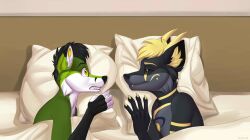  2_horns 5_fingers anthro bed bedding black_body black_fur black_hair black_nose black_sclera blonde_hair canid canine claws duo eye_contact fangs fingers fox fur furniture green_body green_fur grey_body grey_fur hair horn inner_ear_fluff looking_at_another lying male male/male mammal markings multicolored_body multicolored_fur o-ruff on_bed on_side pillow shocked short_hair smile snout teeth tuft under_covers white_body white_fur yellow_body yellow_eyes yellow_fur 