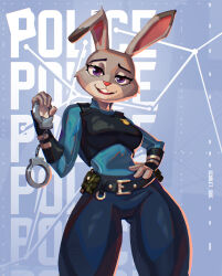  2026 anthro bedroom_eyes belt big_ears blue_clothing bottomwear clothed clothing cuff_(restraint) digital_media_(artwork) disney european_rabbit female front_view fur gloves grey_body grey_fur hand_holding_object hand_on_hip handcuffs handwear happy hi_res judy_hopps lagomorph leaning leaning_hips leporid looking_at_viewer mammal metal_cuffs narrowed_eyes open_mouth open_smile oryctolagus pants police police_uniform purple_eyes rabbit restraints scarlet_side seductive shackles slim small_waist smile solo standing teeth thick_thighs tongue uniform zootopia 