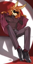  2026 absurd_res anthro biped bottomwear claws clothed clothed_anthro clothed_male clothing digital_drawing_(artwork) digital_media_(artwork) fingers front_view fully_clothed fully_clothed_anthro fully_clothed_male fur hair hi_res lagomorph leporid male mammal rabbit shermugi sitting smile solo teeth topwear 