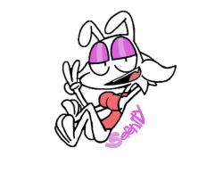  2023 alpha_channel animal-ation_(itsdode) anthro ass barefoot breasts character_name clothing feet female fur gesture hand_behind_head hand_gesture itsdode lagomorph leporid lidded_eyes looking_at_viewer mammal one-piece_swimsuit open_mouth open_smile purple_eyelids rabbit rabbit_ears serenity_(itsdode) side_boob smile swimwear text v_sign white_body white_fur 
