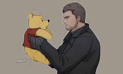  5:3 animate_inanimate bear bottomless capcom chris_redfield christopher_robin clothed clothing crossover disney duo fabric facial_hair feral fur gloves handwear hi_res holding_another human jacket living_plushie male mammal near open_mouth partially_clothed plushie pooh_bear resident_evil resident_evil_8:_village seam_(sewing) signature simple_background size_difference stelarpidgin topwear ursine winnie_the_pooh_(franchise) yellow_body yellow_fur 